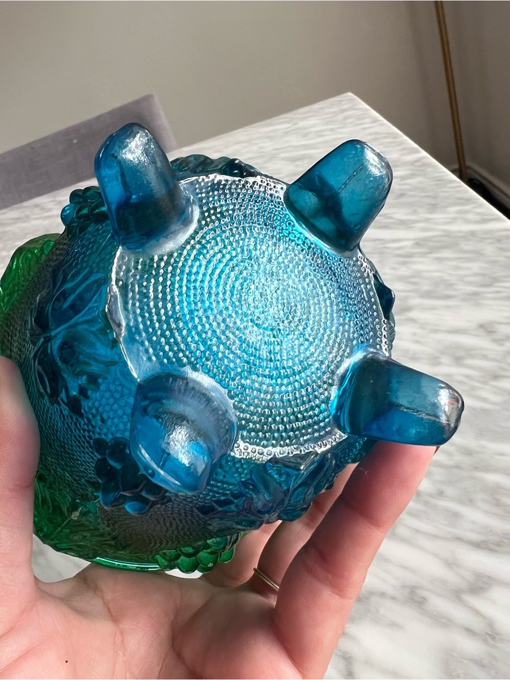 Vintage Flash Glass Blue-Green Decorative Trinket Jar with Lid - Picture 3 of 6